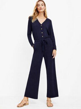 NWT Lou & Grey Wide Leg Tie Waist V-Neck Henley Jumpsuit Navy SignatureSoft | XS